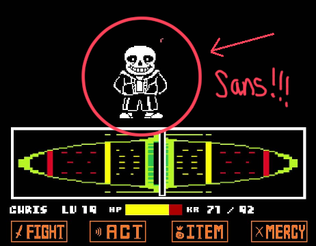 screenshot of the Sans Fight with a red circle and arrow pointing to him